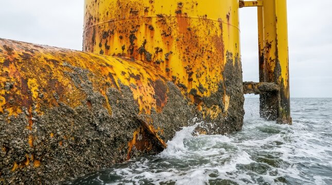 Rusted yellow offshore wind turbine foundation with barnacles and sea foam for marine infrastructure and coastal environment background
