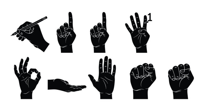 Series of black hand silhouettes shows various common gestures such as counting writing pointing and communicating through signs.