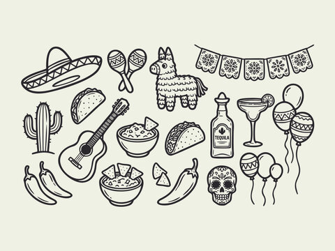 Mexican Fiesta Hand Drawn Line Art Icon Set for Cinco De Mayo Celebration