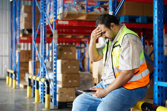 Worker feeling exhausted and overwhelmed, leaning on a storage rack in a warehouse