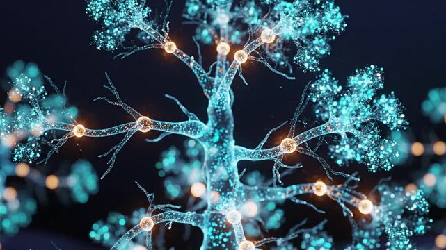 Glowing neural network illustration showing interconnected neurons and synapses in blue light.