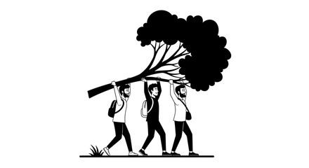 Naklejka premium Three men carry a tree together, symbolizing teamwork.