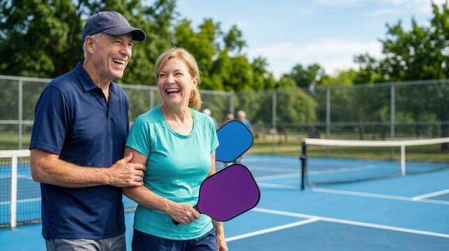 Senior couple laughing holding paddles on court