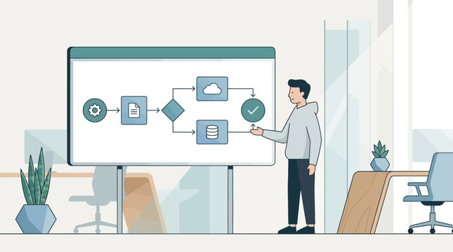 Businessman presenting workflow automation process with cloud and database diagram illustration