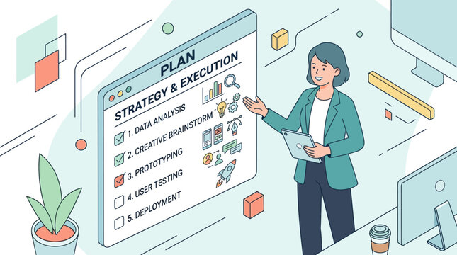 Businesswoman presenting strategy and execution plan with checklist and roadmap illustration.