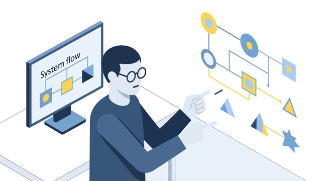 Developer analyzing system flow diagram on screen, programming and workflow concept illustration.