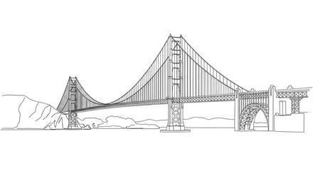 Obraz premium Suspension Bridge Line Art Illustration with Tall Towers and Cable Structure Modern Infrastructure Architecture Vector Isolated on White Background