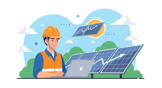 Flat vector illustration of a male solar engineer in a hard hat and safety vest using a laptop to monitor performance of a solar panel array with upward trending growth graphs.