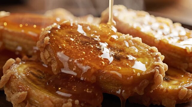 Delicious golden fried chicken wings being drizzled with sweet honey sauce.
