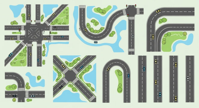 Collection of road intersections and straight roads seen from above.