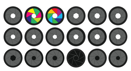 Fototapeta premium Large grid of camera lens aperture icons showing various opening sizes and two colorful rainbow versions for photography and graphic design.