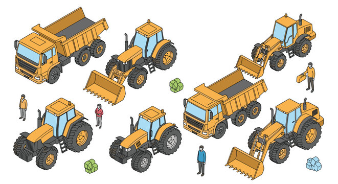 Collection of isometric heavy machinery including yellow dump trucks, tractors, and front loaders with construction worker figures in 3d style.