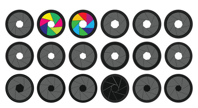 Large grid of camera lens aperture icons showing various opening sizes and two colorful rainbow versions for photography and graphic design.