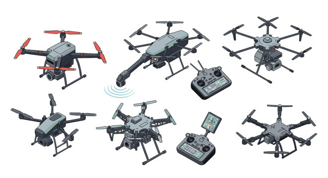 Detailed isometric view of different types of professional and industrial drones with remote controllers for aerial photography and survey work.