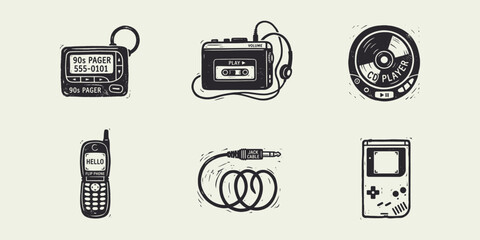 Retro 90s technology icons set featuring pager, cassette player, flip phone, and handheld game console. © Ghaghah24