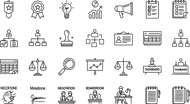 Professional black line icon set for corporate management featuring legal justice symbols negotiation boardroom strategy taskboard planning and executive leadership elements