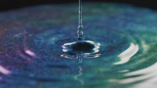 Close-Up of a Water Droplet Creating a Vibrant Rippling Ring on a Colorful Surface.