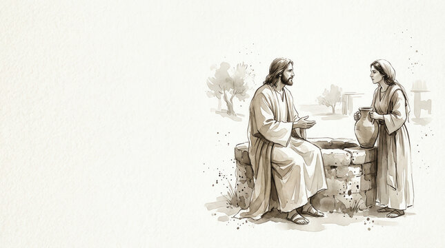 Jesus and Samaritan woman conversing at well