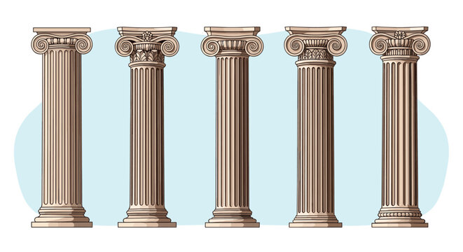 Set of five classical architectural columns in ionic and corinthian styles with intricate carvings on a soft light blue background.