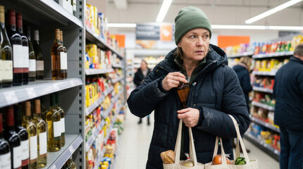 Fototapeta premium Woman putting bottle in coat pocket in supermarket aisle