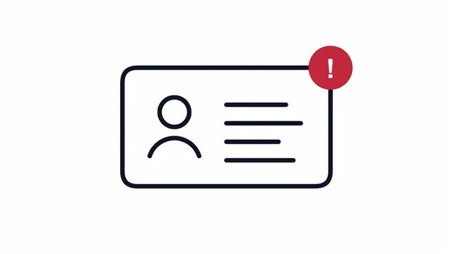 Line art animation of a user profile identification card with a red alert notification icon indicating an error
