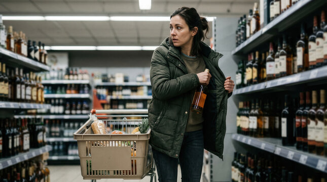 Woman shoplifting alcohol bottle in grocery store aisle