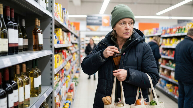 Woman putting bottle in coat pocket in supermarket aisle