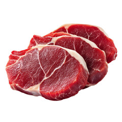 Obraz premium Three prime cuts of raw red beef steak with visible fat marbling are arranged diagonally on a stark . isolated on transparent background