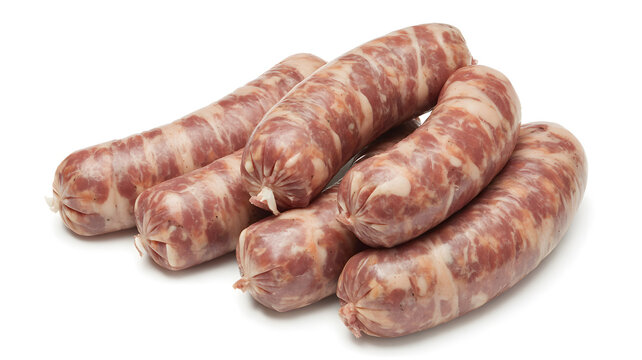 A pile of raw sausages on a white background for food or culinary use