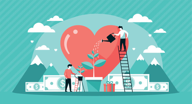 Charity donation concept vector illustration with people caring heart money support fundraising giving love and community help design
