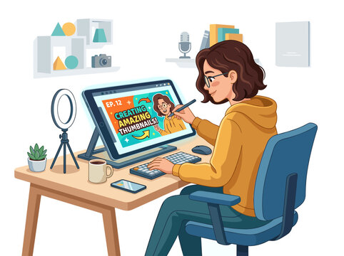 Woman artist creating video thumbnails on digital tablet at desk