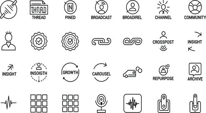 Professional black line icon set for social media marketing featuring trending post reel share subscribe live broadcast and digital engagement strategy symbols
