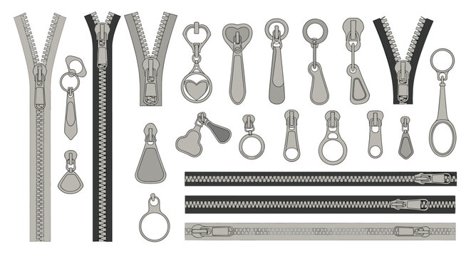 Comprehensive collection of different types of zippers and metallic puller sliders in various styles and shapes for fashion.