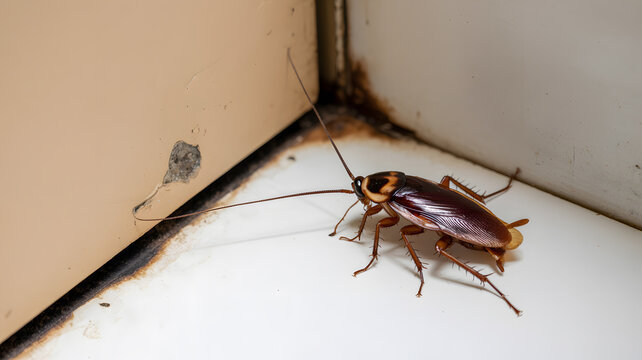 A cockroach standing on a white surface near a dirty corner with rusty edges