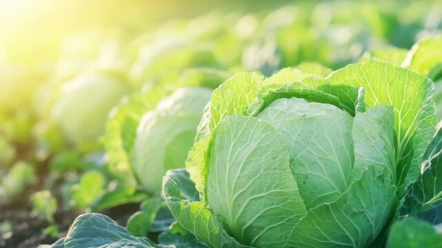selective focus fresh green cabbage growing under sunlight