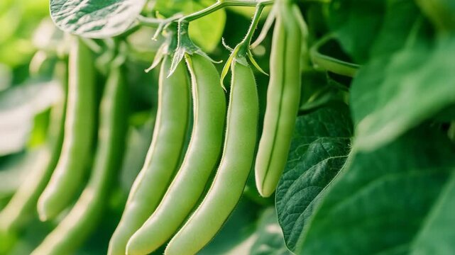selective focus fresh bean pods on plant in sunlight