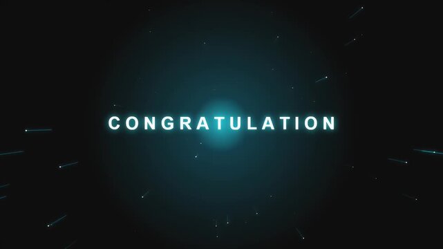 Futuristic blue congratulation text animation with glowing particles and light trails in a dark space environment