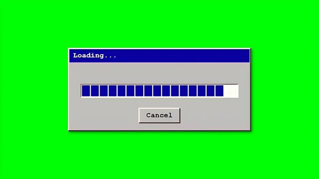 Classic retro computer operating system loading bar dialog box with blue progress indicator and cancel button