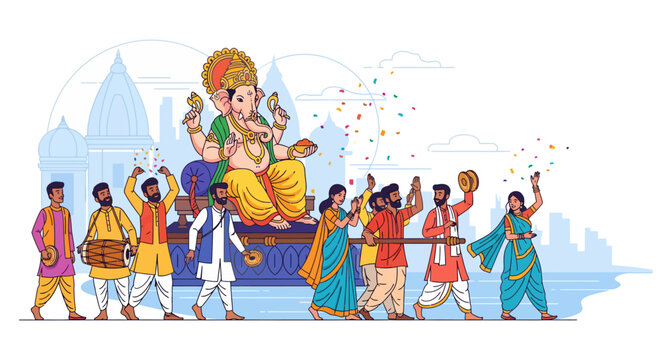 Men celebrating Ganesh Chaturthi festival with Ganesha idol procession