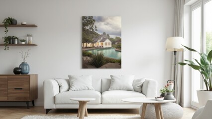 Fototapeta premium This is a stylish living room featuring a large landscape painting hanging on the wall. The couch, coffee table, and other furniture are arranged in a modern fashion, creating a cozy atmosphere.