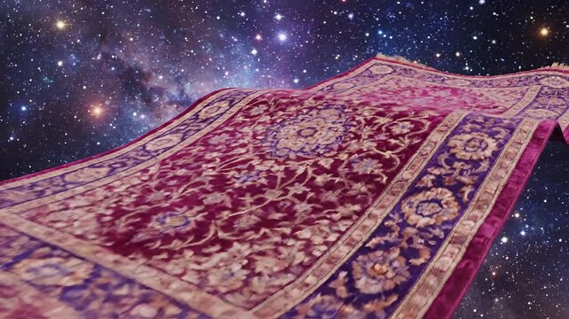 Magical Flying Carpet Soaring Through Cosmic Galaxy Stars.