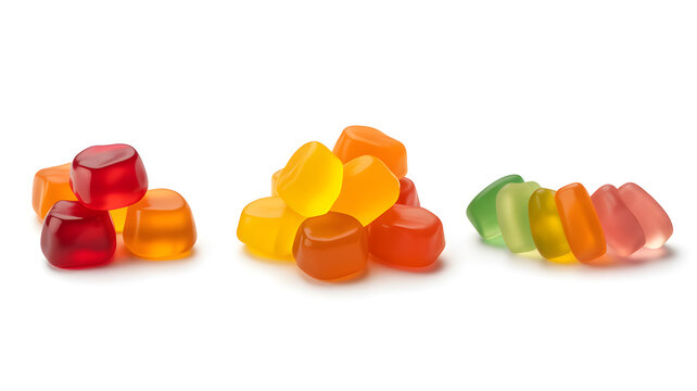 A colorful assortment of gummy candies arranged in piles on a white background