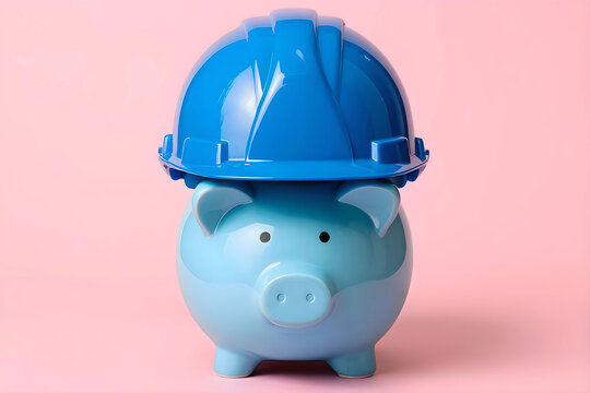 Blue piggy bank wears hard hat.