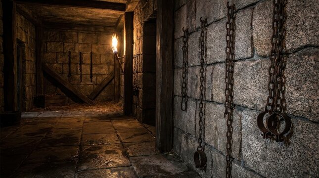 A dark and eerie stone dungeon corridor with heavy chains hanging on the wall and a flickering torch providing dim light in the distance.