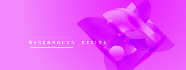 Fototapeta premium Bright pink backdrop features abstract geometric shapes. Spheres, cubes overlap creating dynamic visual effect. Text reads background design.