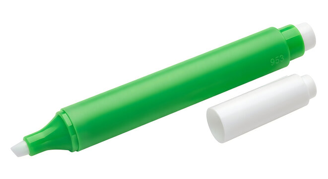 Green correction pen with cap and refill on a clean surface