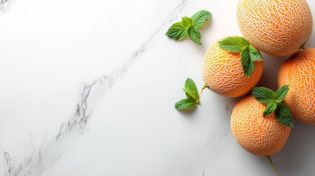 Fresh ripe cantaloupes with mint leaves on a white marble surface, inviting and vibrant design for healthy cooking, desserts, and summer recipes
