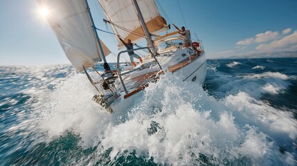 Obraz premium Sailing yacht cuts through rough ocean waves.