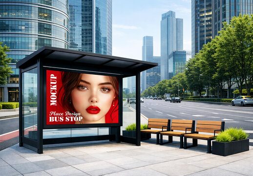 Horizontal Bus Stop Billboard Mockup in Modern City