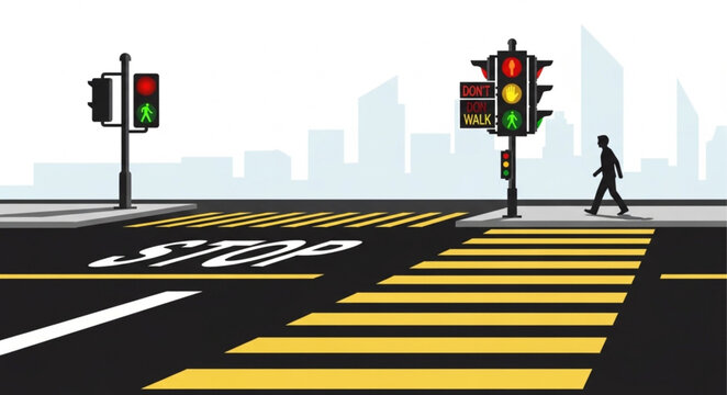 Pedestrian crossing with traffic lights and stop sign.